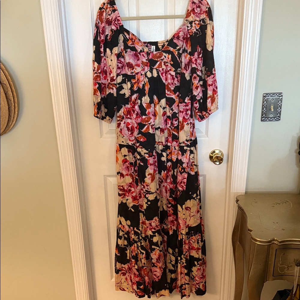 Anthropologie Floral Black and Pink Women's Maxi Dress
